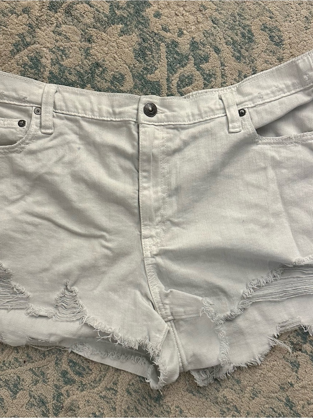 aerie White Distressed Frayed Hem Denim Shorts